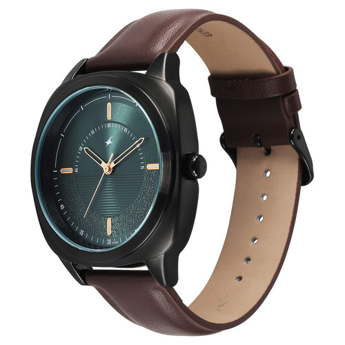 Fastrack Stunners Quartz Analog Green Dial Brown Leather Strap Watch For Guys 38161NL02