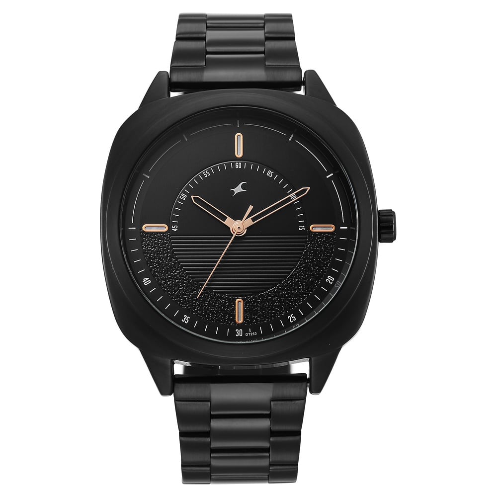 Fastrack Stunners Quartz Analog Black Dial Black Stainless Steel Strap Watch For Guys 38161NM02