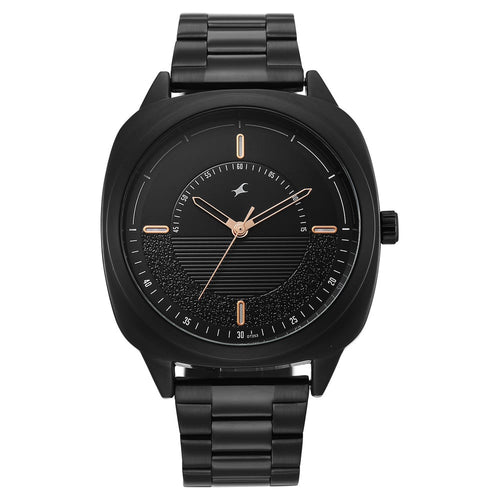 Fastrack Stunners Quartz Analog Black Dial Black Stainless Steel Strap Watch For Guys 38161NM02