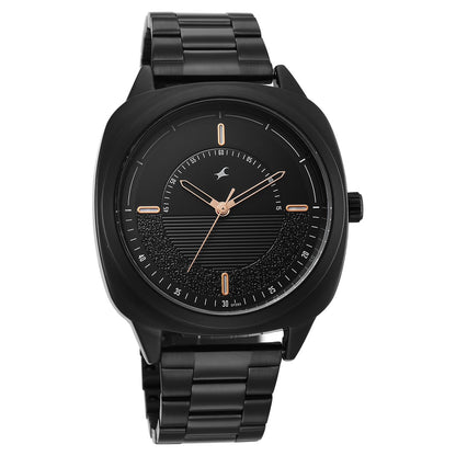Fastrack Stunners Quartz Analog Black Dial Black Stainless Steel Strap Watch For Guys 38161NM02