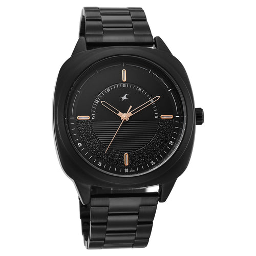 Fastrack Stunners Quartz Analog Black Dial Black Stainless Steel Strap Watch For Guys 38161NM02