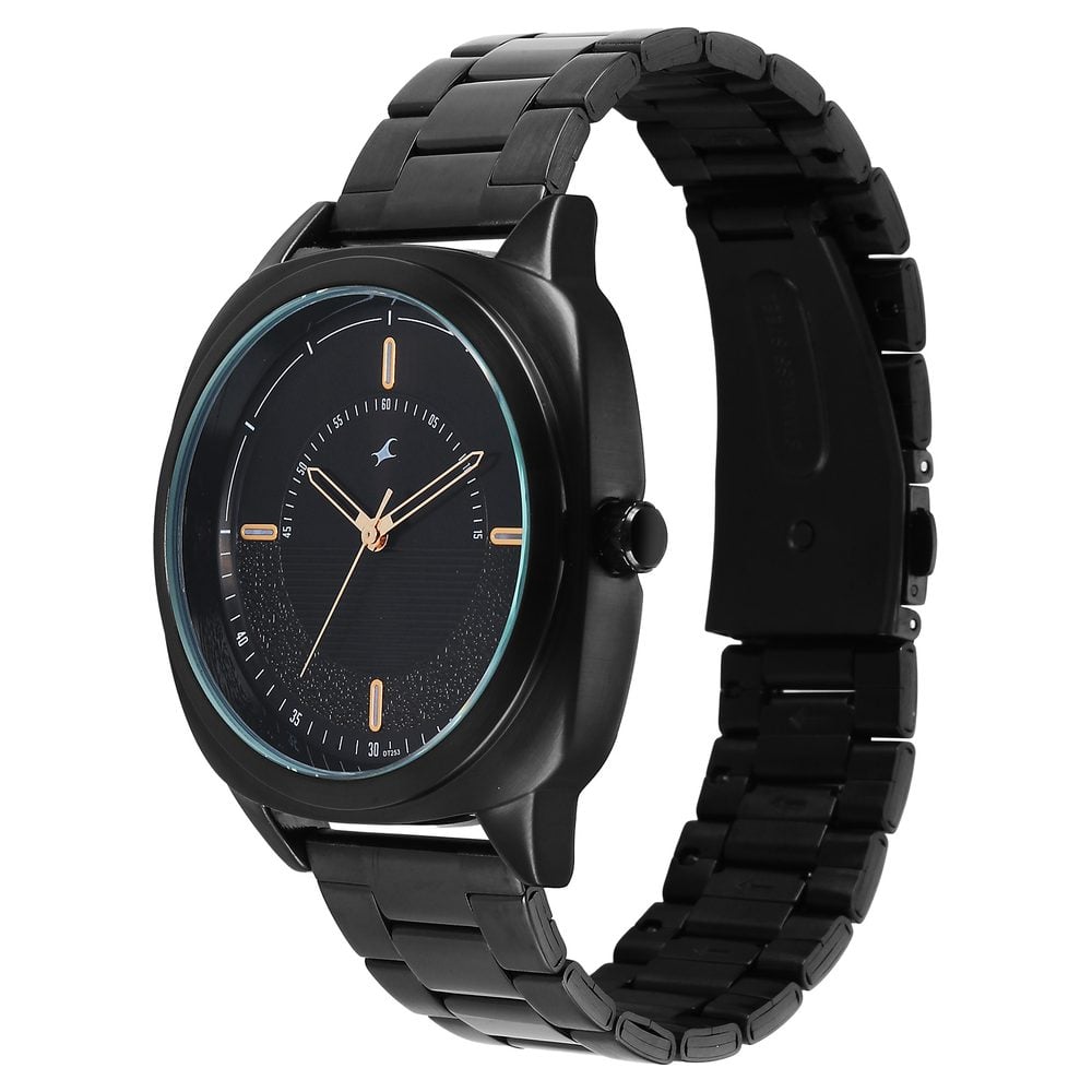 Fastrack Stunners Quartz Analog Black Dial Black Stainless Steel Strap Watch For Guys 38161NM02