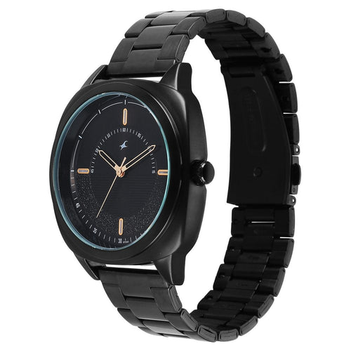 Fastrack Stunners Quartz Analog Black Dial Black Stainless Steel Strap Watch For Guys 38161NM02