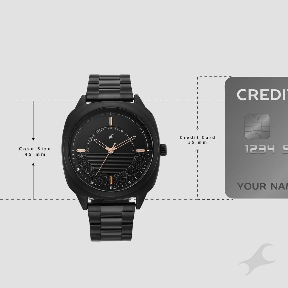 Fastrack Stunners Quartz Analog Black Dial Black Stainless Steel Strap Watch For Guys 38161NM02
