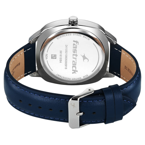 Fastrack Stunners Quartz Analog Blue Dial Grey Leather Strap Watch For Guys 38161SL02