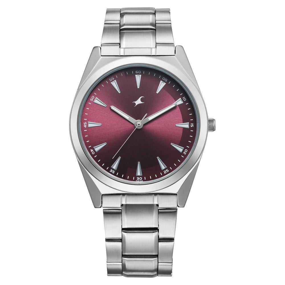 Fastrack Stunners X Quartz Analog Maroon Dial Stainless Steel Strap Watch For Guys 38162SM01