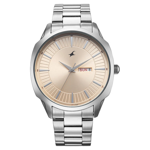 Fastrack Stunners Quartz Analog Beige Dial Silver Stainless Steel Strap Watch For Guys 38213SM01