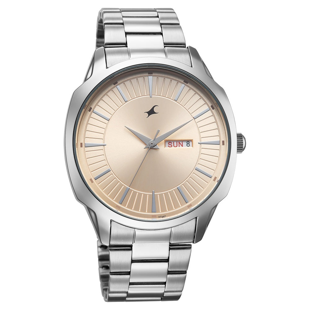 Fastrack Stunners Quartz Analog Beige Dial Silver Stainless Steel Strap Watch For Guys 38213SM01