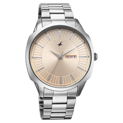Fastrack Stunners Quartz Analog Beige Dial Silver Stainless Steel Strap Watch For Guys 38213SM01