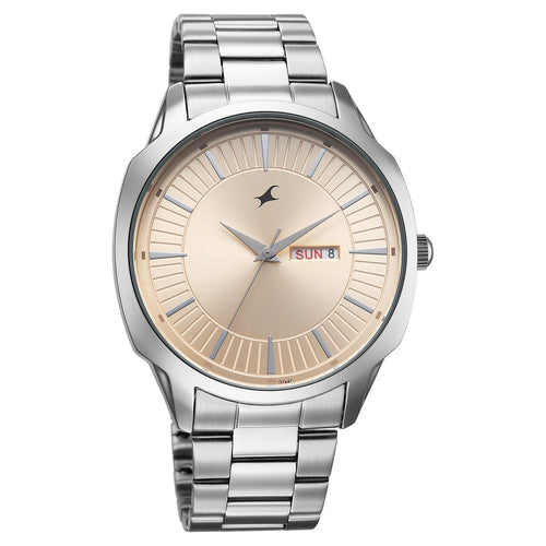 Fastrack Stunners Quartz Analog Beige Dial Silver Stainless Steel Strap Watch For Guys 38213SM01