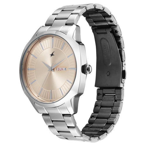 Fastrack Stunners Quartz Analog Beige Dial Silver Stainless Steel Strap Watch For Guys 38213SM01