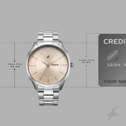 Fastrack Stunners Quartz Analog Beige Dial Silver Stainless Steel Strap Watch For Guys 38213SM01