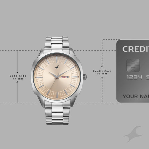 Fastrack Stunners Quartz Analog Beige Dial Silver Stainless Steel Strap Watch For Guys 38213SM01