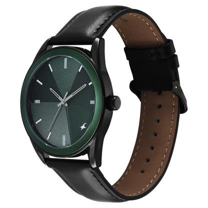 Fastrack Stunners Quartz Analog Green Dial Black Leather Strap Watch For Guys 38215KL01