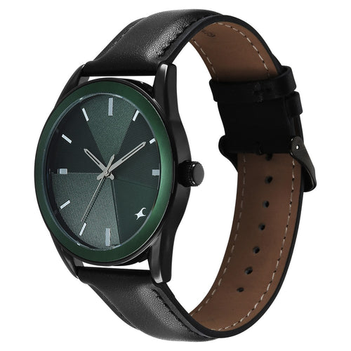 Fastrack Stunners Quartz Analog Green Dial Black Leather Strap Watch For Guys 38215KL01