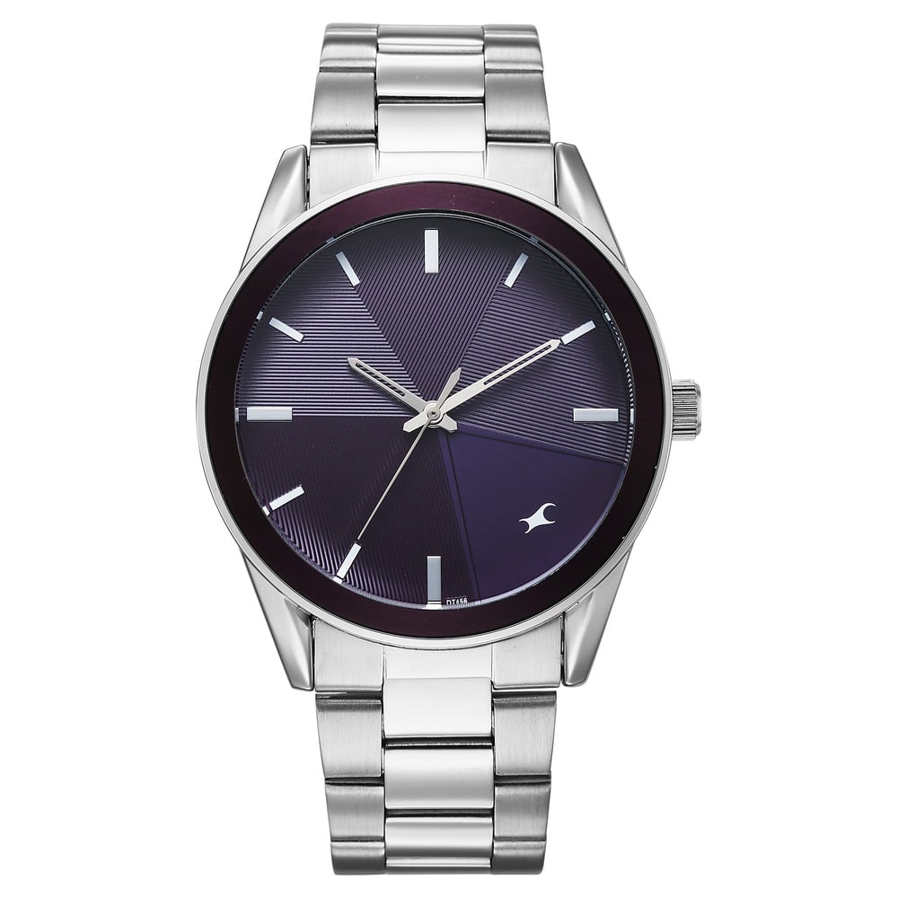 Fastrack Stunners Quartz Analog Purple Dial Silver Stainless Steel Strap Watch For Guys 38215KM02