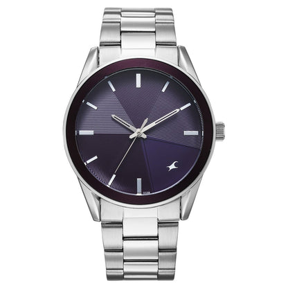 Fastrack Stunners Quartz Analog Purple Dial Silver Stainless Steel Strap Watch For Guys 38215KM02