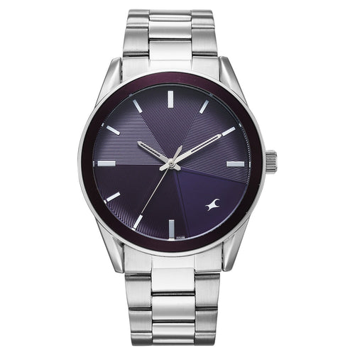Fastrack Stunners Quartz Analog Purple Dial Silver Stainless Steel Strap Watch For Guys 38215KM02