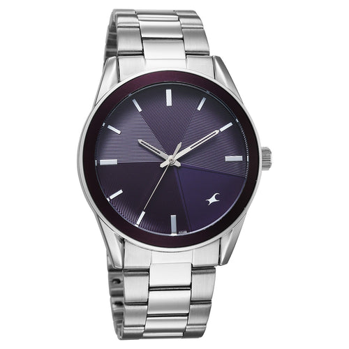 Fastrack Stunners Quartz Analog Purple Dial Silver Stainless Steel Strap Watch For Guys 38215KM02