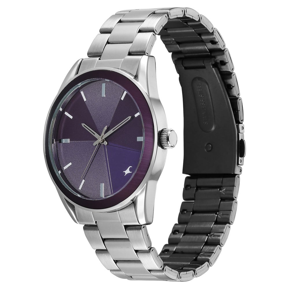 Fastrack Stunners Quartz Analog Purple Dial Silver Stainless Steel Strap Watch For Guys 38215KM02