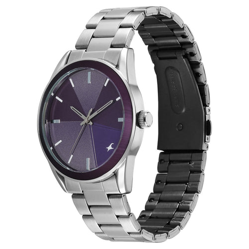 Fastrack Stunners Quartz Analog Purple Dial Silver Stainless Steel Strap Watch For Guys 38215KM02
