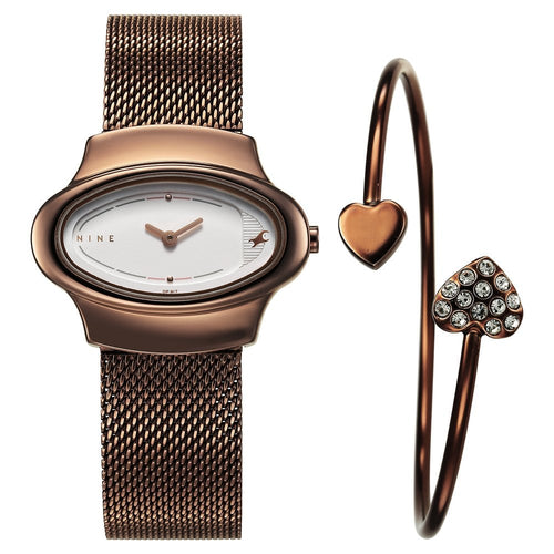 Fastrack Pulse Quartz Analog White Dial Brown Stainless Steel Strap Watch For Girls NT6004QM02F