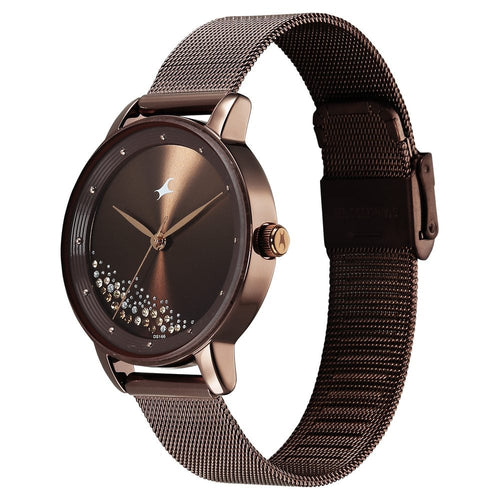 Fastrack Style Up Quartz Analog Brown Dial Brown Colour Stainless Steel Strap Watch For Girls 6206QM01