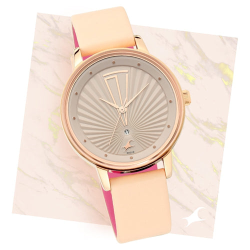 Fastrack Ruffles Quartz Analog with Date Beige Dial Leather Strap Watch for Girls NR6206WL01