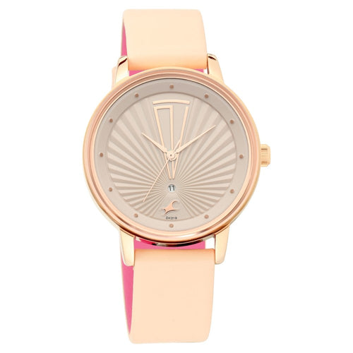 Fastrack Ruffles Quartz Analog with Date Beige Dial Leather Strap Watch for Girls NR6206WL01