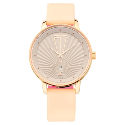 Fastrack Ruffles Quartz Analog with Date Beige Dial Leather Strap Watch for Girls NR6206WL01