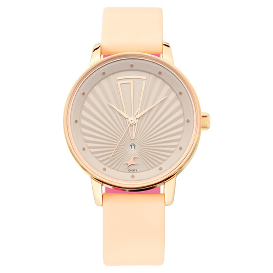Fastrack Ruffles Quartz Analog with Date Beige Dial Leather Strap Watch for Girls NR6206WL01