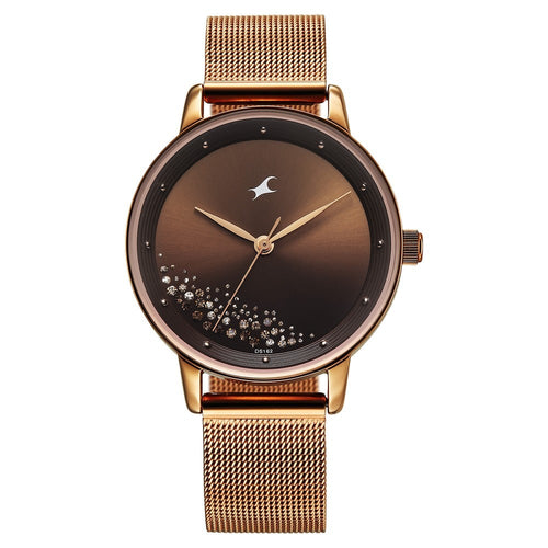 Fastrack Style Up Quartz Analog Brown Dial Rose Gold Colour Stainless Steel Strap Watch For Girls 6206WM01
