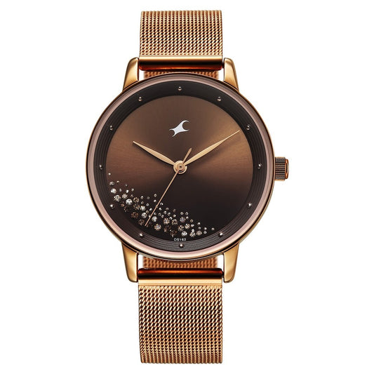 Fastrack Style Up Quartz Analog Brown Dial Rose Gold Colour Stainless Steel Strap Watch For Girls 6206WM01