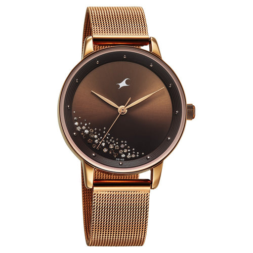 Fastrack Style Up Quartz Analog Brown Dial Rose Gold Colour Stainless Steel Strap Watch For Girls 6206WM01