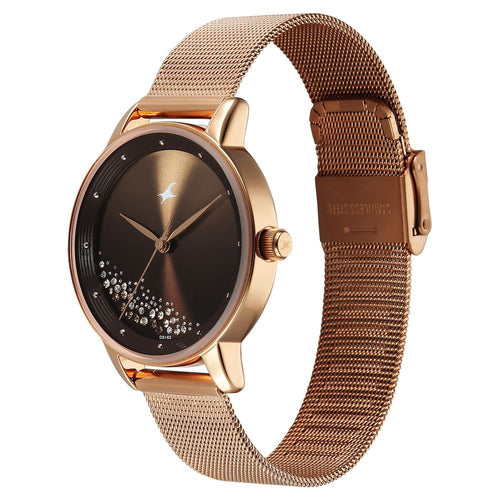 Fastrack Style Up Quartz Analog Brown Dial Rose Gold Colour Stainless Steel Strap Watch For Girls 6206WM01