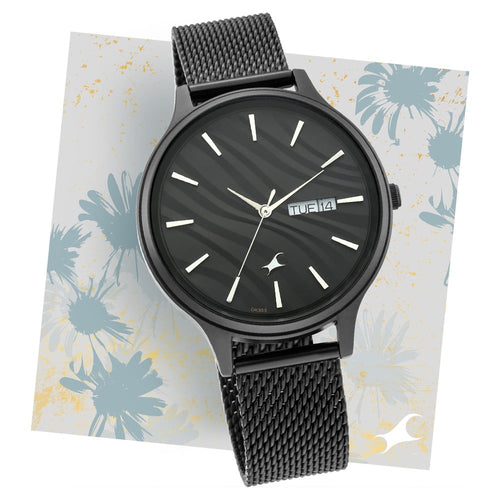 Fastrack Ruffles Quartz Analog with Day and Date Black Dial Stainless Steel Strap Watch for Girls NT6207NM01