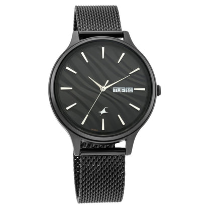 Fastrack Ruffles Quartz Analog with Day and Date Black Dial Stainless Steel Strap Watch for Girls NR6207NM01