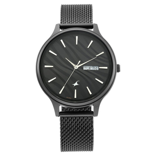 Fastrack Ruffles Quartz Analog with Day and Date Black Dial Stainless Steel Strap Watch for Girls NT6207NM01