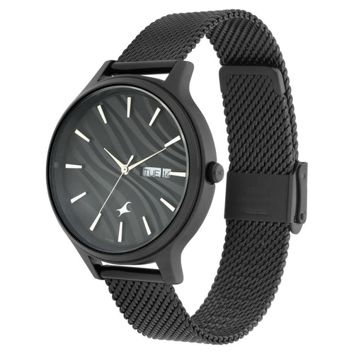 Fastrack Ruffles Quartz Analog with Day and Date Black Dial Stainless Steel Strap Watch for Girls NT6207NM01