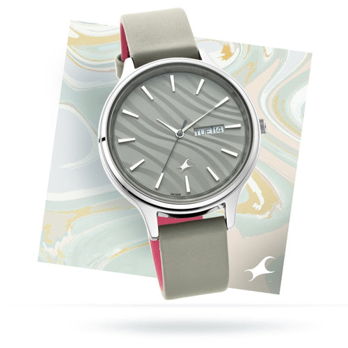 Fastrack Ruffles Quartz Analog with Day and Date Grey Dial Leather Strap Watch for Girls NT6207SL01