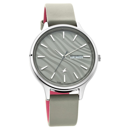 Fastrack Ruffles Quartz Analog with Day and Date Grey Dial Leather Strap Watch for Girls NT6207SL01