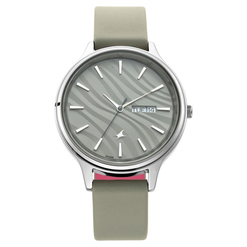 Fastrack Ruffles Quartz Analog with Day and Date Grey Dial Leather Strap Watch for Girls NT6207SL01