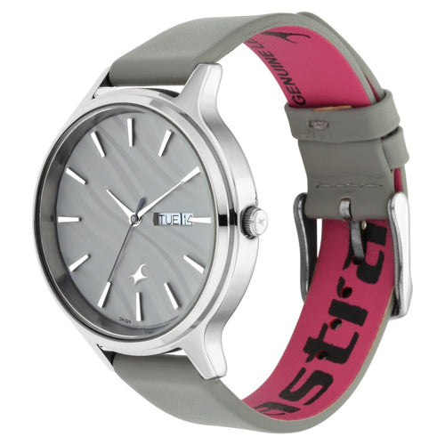 Fastrack Ruffles Quartz Analog with Day and Date Grey Dial Leather Strap Watch for Girls NT6207SL01