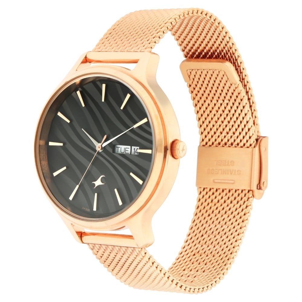 Fastrack Ruffles Quartz Analog with Day and Date Black Dial Stainless Steel Strap Watch for Girls NR6207WM01