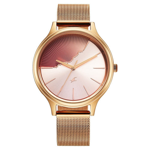 Fastrack Style Up Quartz Analog Pink Dial Rose Gold Colour Stainless Steel Strap Watch For Girls 6207WM03