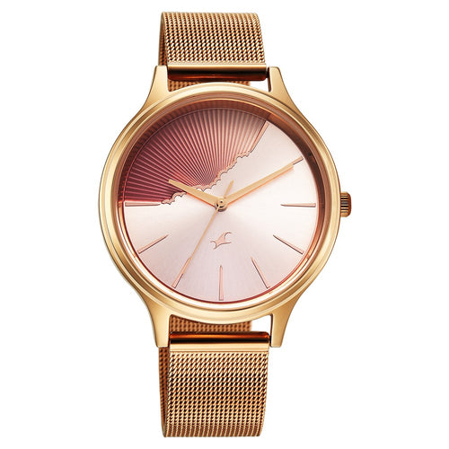 Fastrack Style Up Quartz Analog Pink Dial Rose Gold Colour Stainless Steel Strap Watch For Girls 6207WM03