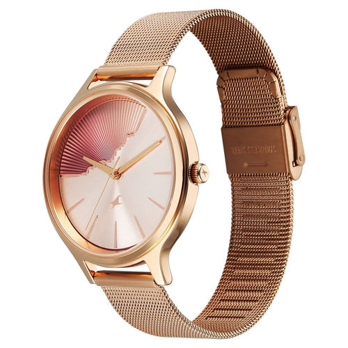 Fastrack Style Up Quartz Analog Pink Dial Rose Gold Colour Stainless Steel Strap Watch For Girls 6207WM03
