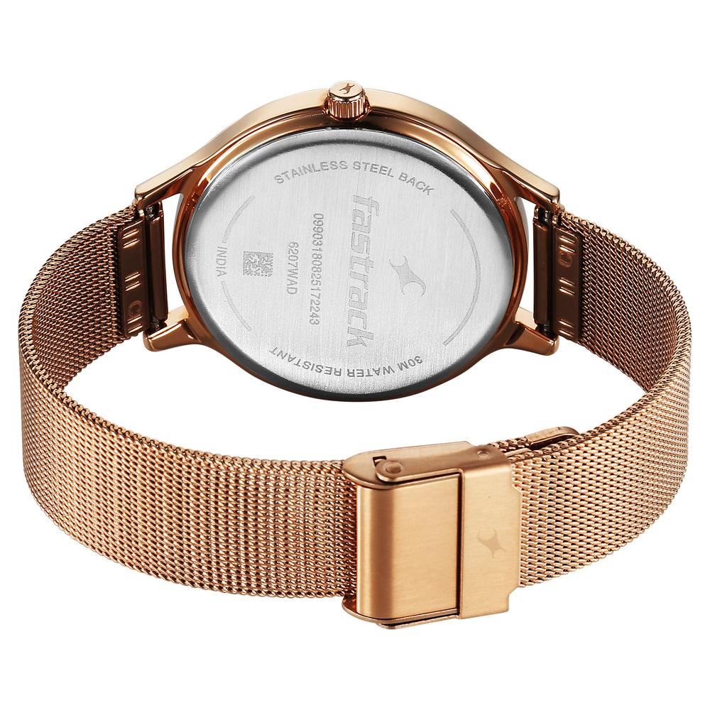 Fastrack Style Up Quartz Analog Pink Dial Rose Gold Colour Stainless Steel Strap Watch For Girls 6207WM03