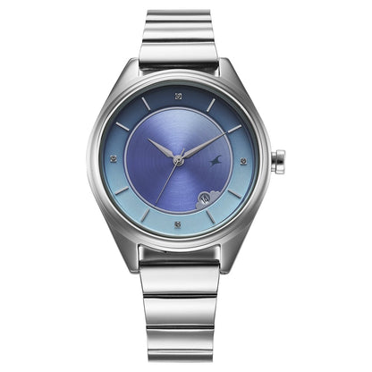 Fastrack Style Up Quartz Analog with Date Blue Dial Silver Colour Stainless Steel Strap Watch For Girls 6215SM02
