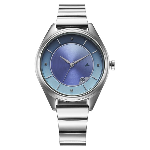 Fastrack Style Up Quartz Analog with Date Blue Dial Silver Colour Stainless Steel Strap Watch For Girls 6215SM02